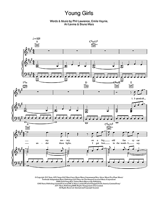 Preview Bruno Mars Young Girls Pop sheet music, notes and chords for Piano, Vocal & Guitar (Right-Hand Melody), SKU: 115442 sheet music, piano notes, chords, guitar tabs, score, transpose, transcribe, how to play, guide, download, learn, tutorial, progression, song, artist, awards, billboard, mtv, vh1, tour, single, album, release