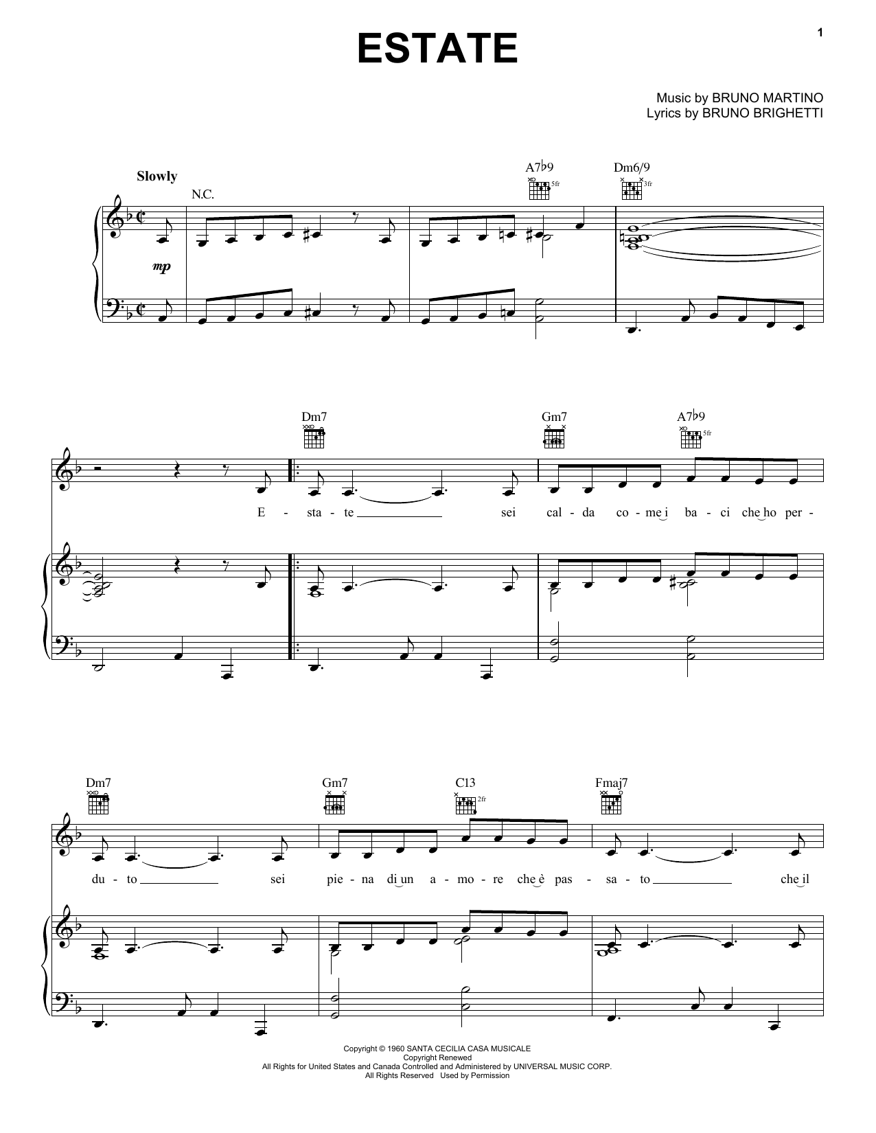 Bruno Martino Estate Sheet Music Download Printable Jazz Pdf Piano Vocal Guitar Right Hand Melody Score Sku