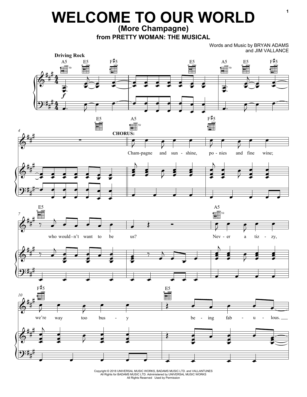 Bryan Adams & Jim Vallance Welcome To Our World (More Champagne) (from Pretty Woman: The Musical) Sheet Music & Chords for Piano, Vocal & Guitar Chords (Right-Hand Melody) - Download or Print PDF