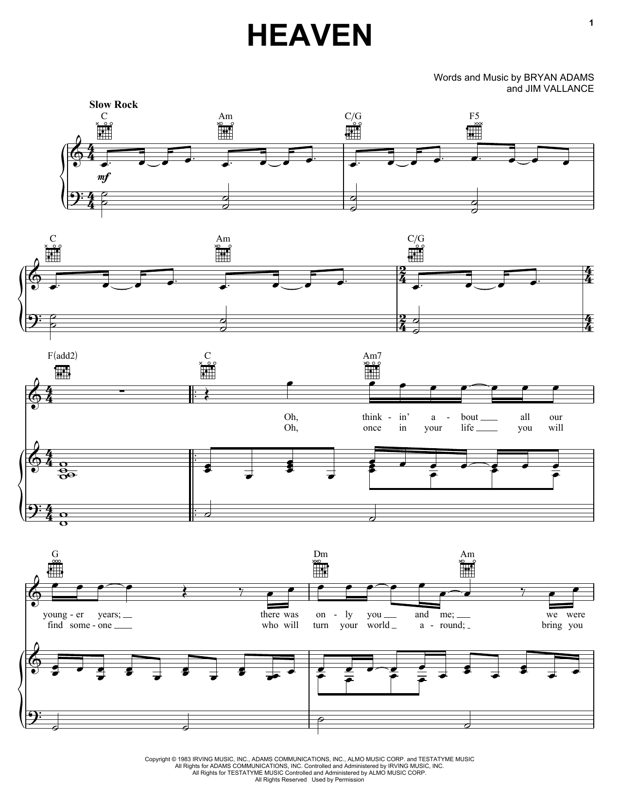 Download Bryan Adams Heaven sheet music and printable PDF score & Rock music notes