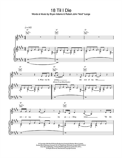 Preview Bryan Adams 18 'Til I Die Rock sheet music, notes and chords for Piano, Vocal & Guitar (Right-Hand Melody), SKU: 15488 sheet music, piano notes, chords, guitar tabs, score, transpose, transcribe, how to play, guide, download, learn, tutorial, progression, song, artist, awards, billboard, mtv, vh1, tour, single, album, release