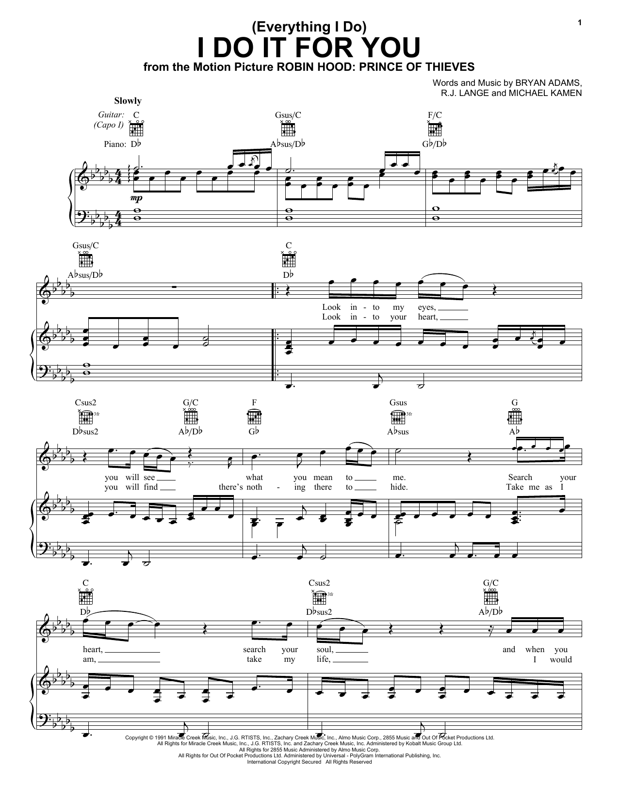 Download Bryan Adams (Everything I Do) I Do It For You sheet music and printable PDF score & Rock music notes