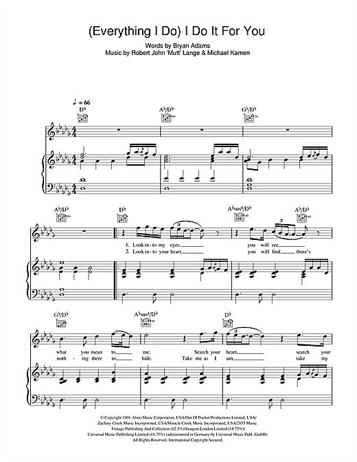 Preview Bryan Adams (Everything I Do) I Do It For You Pop sheet music, notes and chords for Piano, Vocal & Guitar, SKU: 13651 sheet music, piano notes, chords, guitar tabs, score, transpose, transcribe, how to play, guide, download, learn, tutorial, progression, song, artist, awards, billboard, mtv, vh1, tour, single, album, release