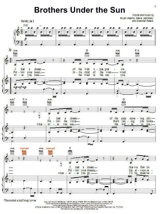Preview Bryan Adams Brothers Under The Sun Children sheet music, notes and chords for Piano, Vocal & Guitar (Right-Hand Melody), SKU: 22114 Download Bryan Adams Brothers Under The Sun sheet music and printable PDF score & Children music notes
