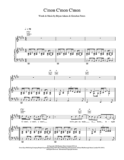 Preview Bryan Adams C'mon C'mon C'mon Rock sheet music, notes and chords for Lyrics & Chords, SKU: 101329 sheet music, piano notes, chords, guitar tabs, score, transpose, transcribe, how to play, guide, download, learn, tutorial, progression, song, artist, awards, billboard, mtv, vh1, tour, single, album, release
