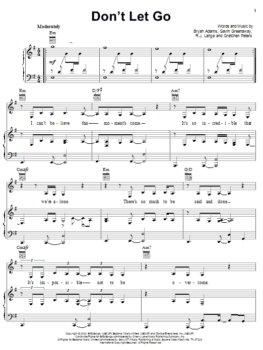 Preview Bryan Adams Don't Let Go Children sheet music, notes and chords for Piano, Vocal & Guitar (Right-Hand Melody), SKU: 22115 Download Bryan Adams Don't Let Go sheet music and printable PDF score & Children music notes