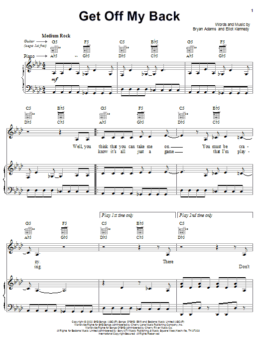 Preview Bryan Adams Get Off My Back Children sheet music, notes and chords for Piano, Vocal & Guitar (Right-Hand Melody), SKU: 22116 Download Bryan Adams Get Off My Back sheet music and printable PDF score & Children music notes