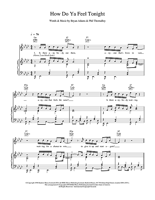 Preview Bryan Adams How Do Ya Feel Tonight Rock sheet music, notes and chords for Piano, Vocal & Guitar (Right-Hand Melody), SKU: 17360 sheet music, piano notes, chords, guitar tabs, score, transpose, transcribe, how to play, guide, download, learn, tutorial, progression, song, artist, awards, billboard, mtv, vh1, tour, single, album, release