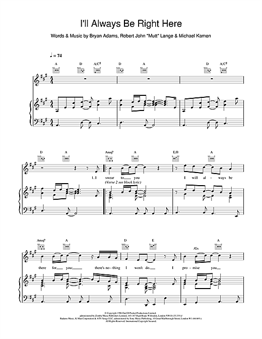 Preview Bryan Adams I'll Always Be Right Here Rock sheet music, notes and chords for Piano, Vocal & Guitar (Right-Hand Melody), SKU: 15492 sheet music, piano notes, chords, guitar tabs, score, transpose, transcribe, how to play, guide, download, learn, tutorial, progression, song, artist, awards, billboard, mtv, vh1, tour, single, album, release