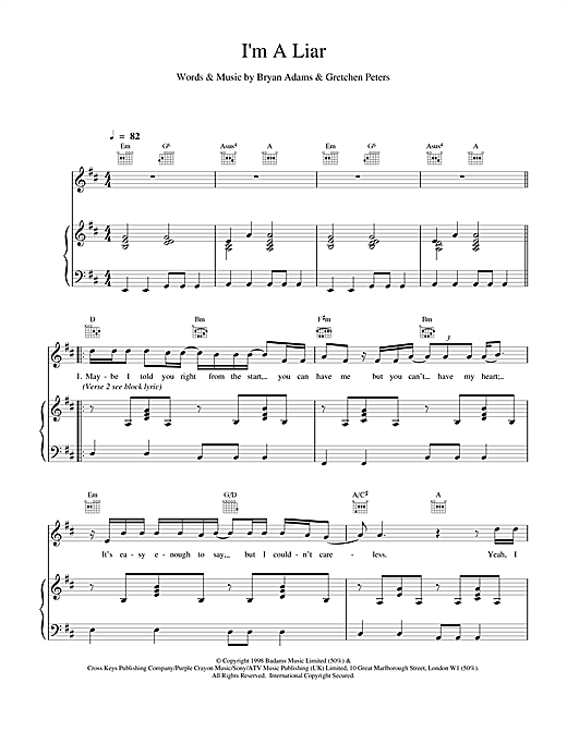 Preview Bryan Adams I'm A Liar Rock sheet music, notes and chords for Piano, Vocal & Guitar, SKU: 17362 sheet music, piano notes, chords, guitar tabs, score, transpose, transcribe, how to play, guide, download, learn, tutorial, progression, song, artist, awards, billboard, mtv, vh1, tour, single, album, release
