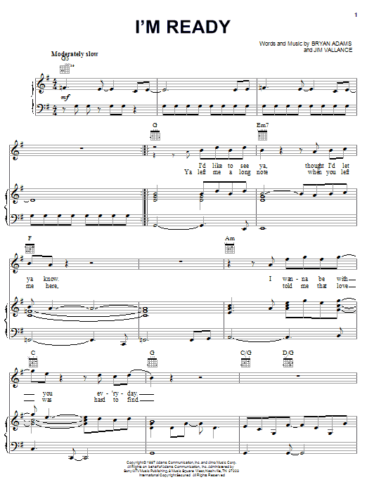Download Bryan Adams I'm Ready sheet music and printable PDF score & Rock music notes