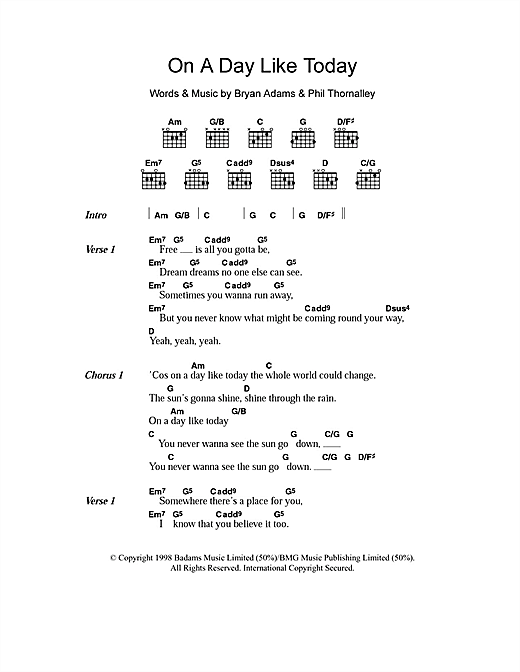 Download Bryan Adams On A Day Like Today sheet music and printable PDF score & Rock music notes