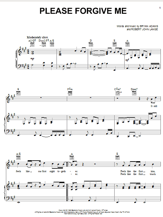 Download Bryan Adams Please Forgive Me sheet music and printable PDF score & Rock music notes