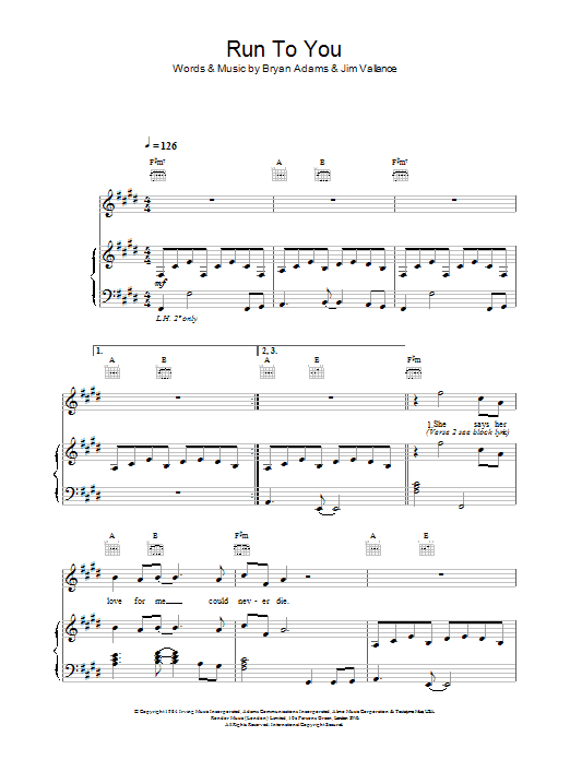 Download Bryan Adams Run To You sheet music and printable PDF score & Rock music notes