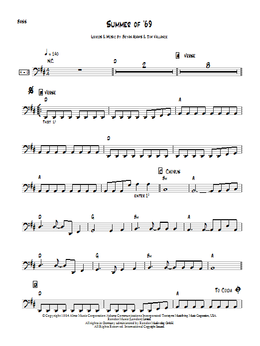 Download Bryan Adams Summer Of '69 sheet music and printable PDF score & Rock music notes
