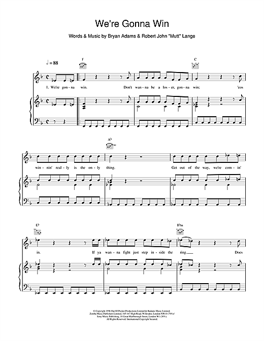 Preview Bryan Adams We're Gonna Win Rock sheet music, notes and chords for Piano, Vocal & Guitar (Right-Hand Melody), SKU: 15497 sheet music, piano notes, chords, guitar tabs, score, transpose, transcribe, how to play, guide, download, learn, tutorial, progression, song, artist, awards, billboard, mtv, vh1, tour, single, album, release