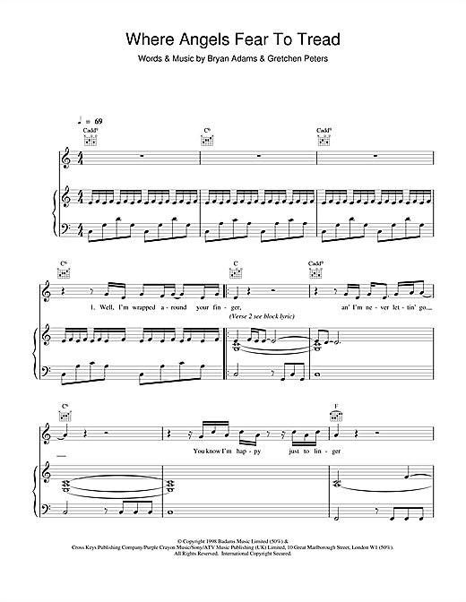 Preview Bryan Adams Where Angels Fear To Tread Rock sheet music, notes and chords for Piano, Vocal & Guitar, SKU: 17365 sheet music, piano notes, chords, guitar tabs, score, transpose, transcribe, how to play, guide, download, learn, tutorial, progression, song, artist, awards, billboard, mtv, vh1, tour, single, album, release