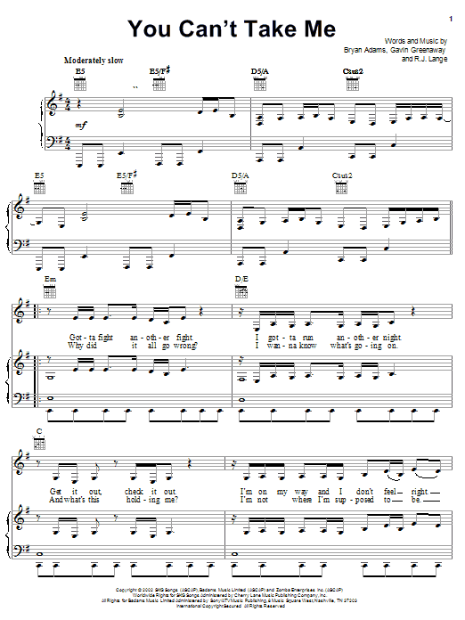 Preview Bryan Adams You Can't Take Me Children sheet music, notes and chords for Piano, Vocal & Guitar (Right-Hand Melody), SKU: 22120 Download Bryan Adams You Can't Take Me sheet music and printable PDF score & Children music notes