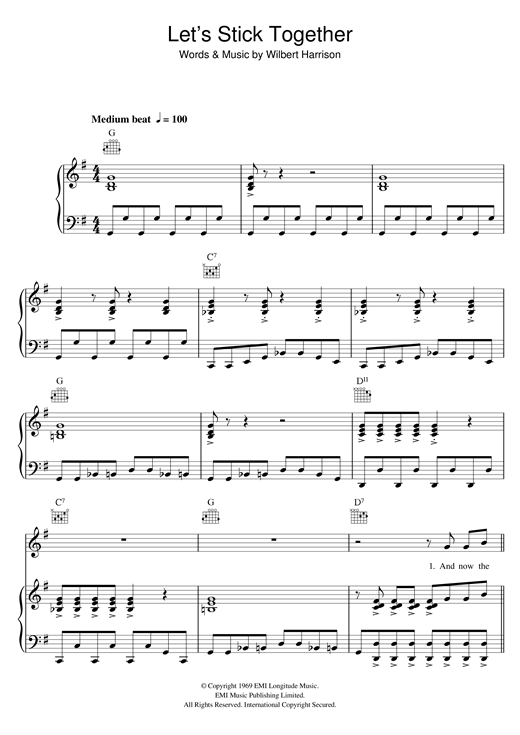 Preview Bryan Ferry Let's Stick Together Rock sheet music, notes and chords for Piano, Vocal & Guitar (Right-Hand Melody), SKU: 114411 sheet music, piano notes, chords, guitar tabs, score, transpose, transcribe, how to play, guide, download, learn, tutorial, progression, song, artist, awards, billboard, mtv, vh1, tour, single, album, release