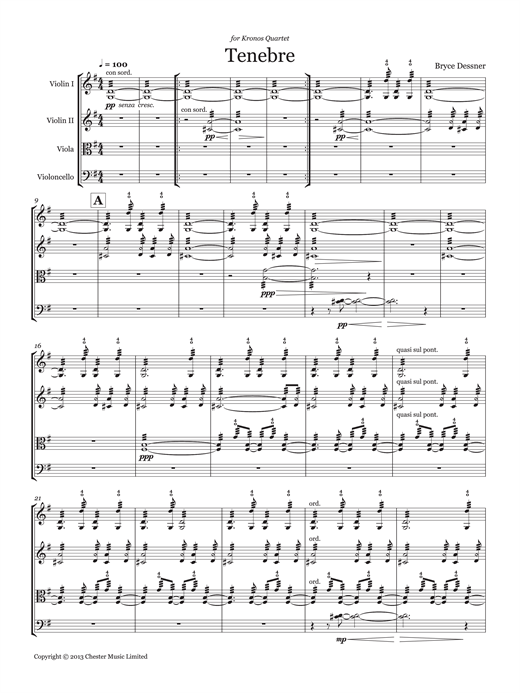 Preview Bryce Dessner Tenebre (String quartet score & parts) Classical sheet music, notes and chords for Chamber Group, SKU: 120937 sheet music, piano notes, chords, guitar tabs, score, transpose, transcribe, how to play, guide, download, learn, tutorial, progression, song, artist, awards, billboard, mtv, vh1, tour, single, album, release