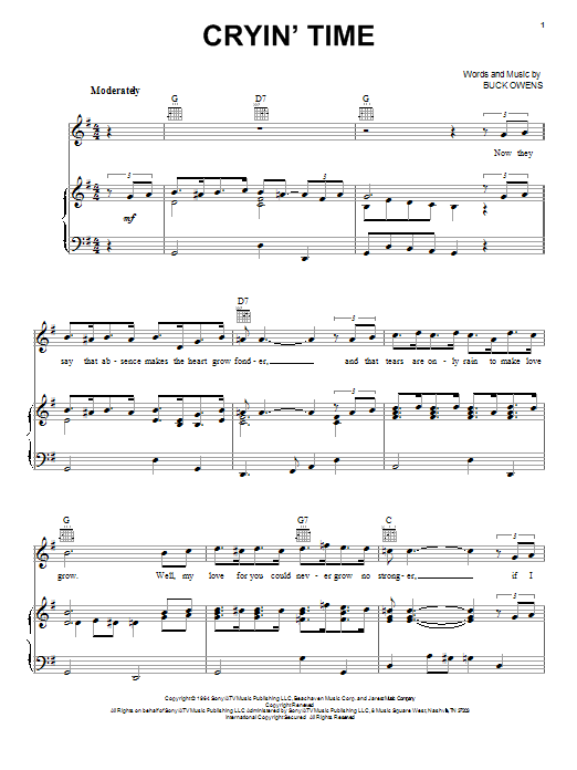 Preview Buck Owens Cryin' Time Country sheet music, notes and chords for Piano, Vocal & Guitar (Right-Hand Melody), SKU: 51349 sheet music, piano notes, chords, guitar tabs, score, transpose, transcribe, how to play, guide, download, learn, tutorial, progression, song, artist, awards, billboard, mtv, vh1, tour, single, album, release