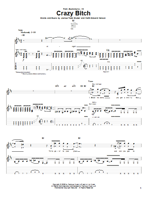 Download Buckcherry Crazy Bitch sheet music and printable PDF score & Pop music notes