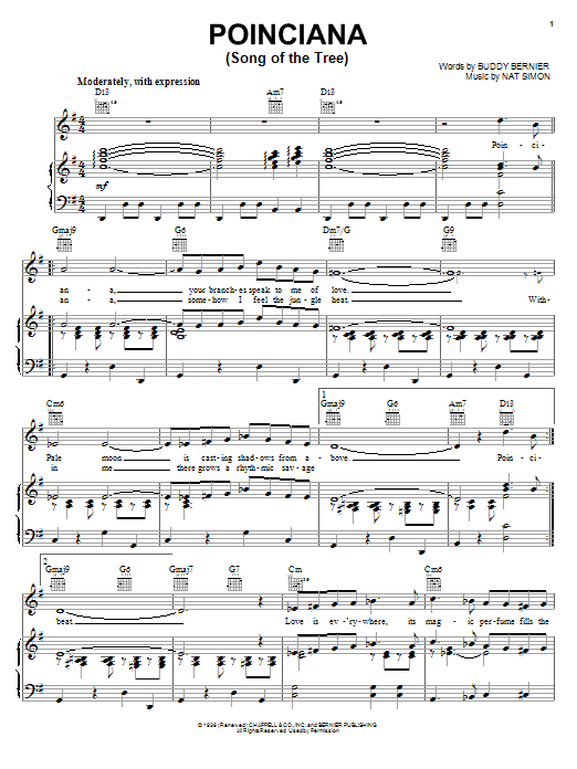 Preview Buddy Bernier Poinciana (Song Of The Tree) World sheet music, notes and chords for Piano, Vocal & Guitar (Right-Hand Melody), SKU: 18112 sheet music, piano notes, chords, guitar tabs, score, transpose, transcribe, how to play, guide, download, learn, tutorial, progression, song, artist, awards, billboard, mtv, vh1, tour, single, album, release