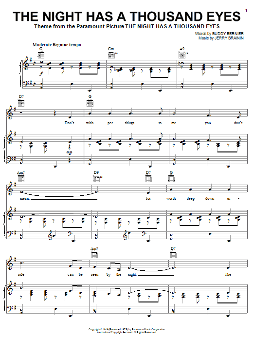 Preview Buddy Bernier The Night Has A Thousand Eyes Jazz sheet music, notes and chords for Easy Guitar Tab, SKU: 82082 Download Buddy Bernier The Night Has A Thousand Eyes sheet music and printable PDF score & Jazz music notes