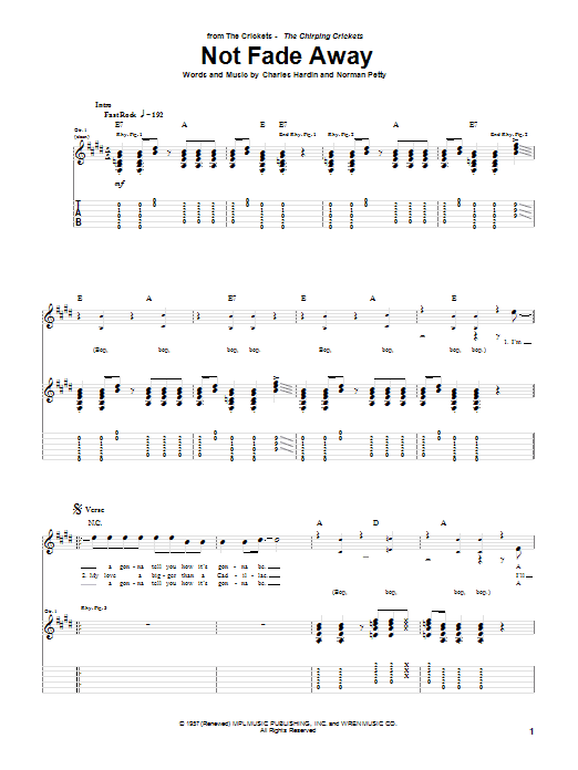 Preview Buddy Holly Not Fade Away Pop sheet music, notes and chords for Guitar Tab, SKU: 52080 sheet music, piano notes, chords, guitar tabs, score, transpose, transcribe, how to play, guide, download, learn, tutorial, progression, song, artist, awards, billboard, mtv, vh1, tour, single, album, release