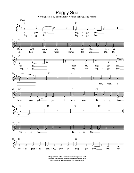 Download Buddy Holly Peggy Sue sheet music and printable PDF score & Rock N Roll music notes
