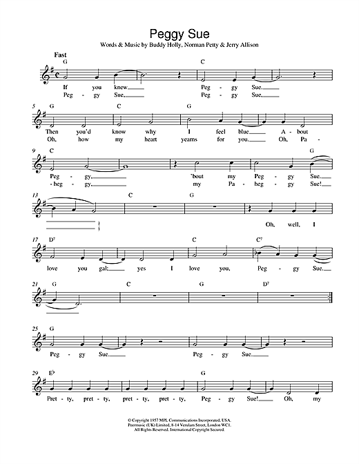 Preview Buddy Holly Peggy Sue Musicals sheet music, notes and chords for Piano, SKU: 17884 sheet music, piano notes, chords, guitar tabs, score, transpose, transcribe, how to play, guide, download, learn, tutorial, progression, song, artist, awards, billboard, mtv, vh1, tour, single, album, release