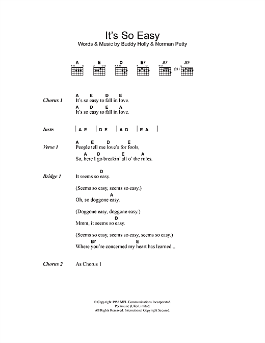 Preview Buddy Holly & The Crickets It's So Easy Rock N Roll sheet music, notes and chords for Lyrics & Chords, SKU: 114618 sheet music, piano notes, chords, guitar tabs, score, transpose, transcribe, how to play, guide, download, learn, tutorial, progression, song, artist, awards, billboard, mtv, vh1, tour, single, album, release