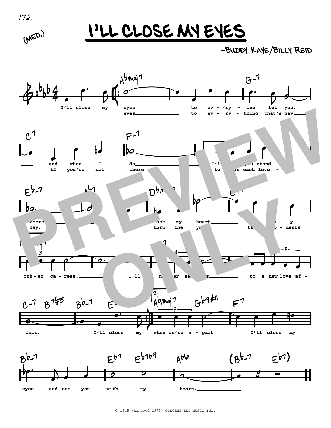 Preview Buddy Kaye I'll Close My Eyes (High Voice) Jazz sheet music, notes and chords for Real Book – Melody, Lyrics & Chords, SKU: 470387 sheet music, piano notes, chords, guitar tabs, score, transpose, transcribe, how to play, guide, download, learn, tutorial, progression, song, artist, awards, billboard, mtv, vh1, tour, single, album, release