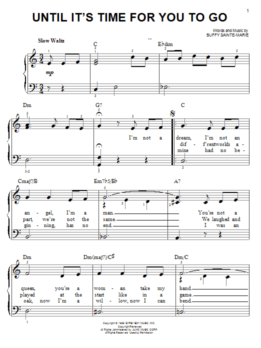 Preview Buffy Sainte-Marie Until It's Time For You To Go Country sheet music, notes and chords for Keyboard, SKU: 108587 sheet music, piano notes, chords, guitar tabs, score, transpose, transcribe, how to play, guide, download, learn, tutorial, progression, song, artist, awards, billboard, mtv, vh1, tour, single, album, release