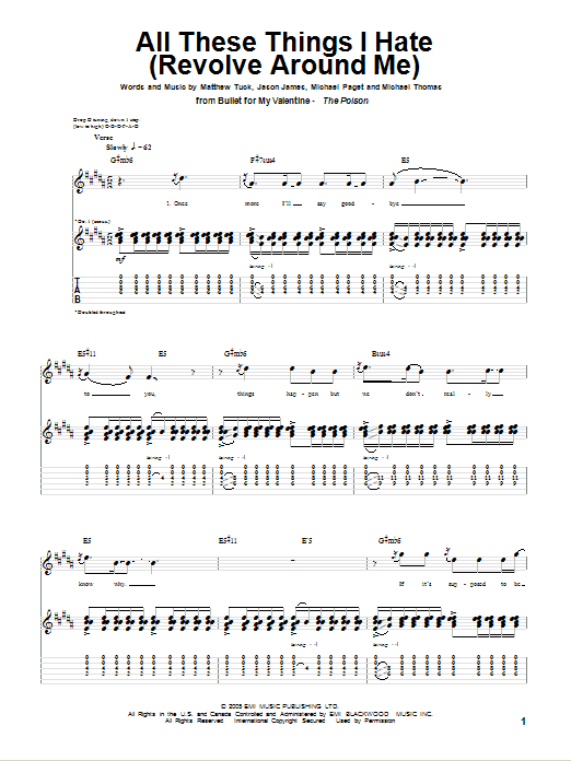 Preview Bullet for My Valentine All These Things I Hate (Revolve Around Me) Pop sheet music, notes and chords for Guitar Tab, SKU: 76178 Download Bullet for My Valentine All These Things I Hate (Revolve Around Me) sheet music and printable PDF score & Pop music notes