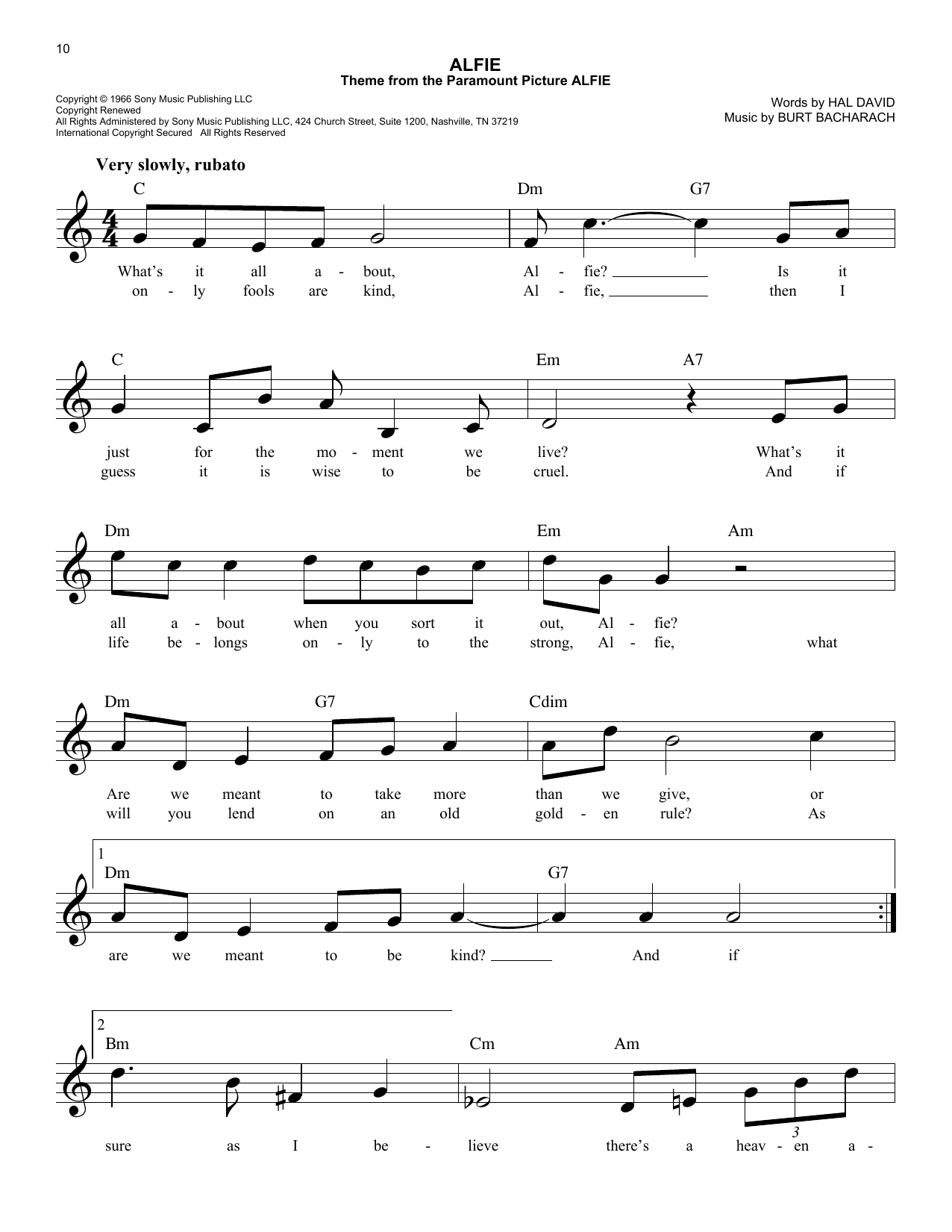 Download Burt Bacharach Alfie sheet music and printable PDF score & Ballad music notes