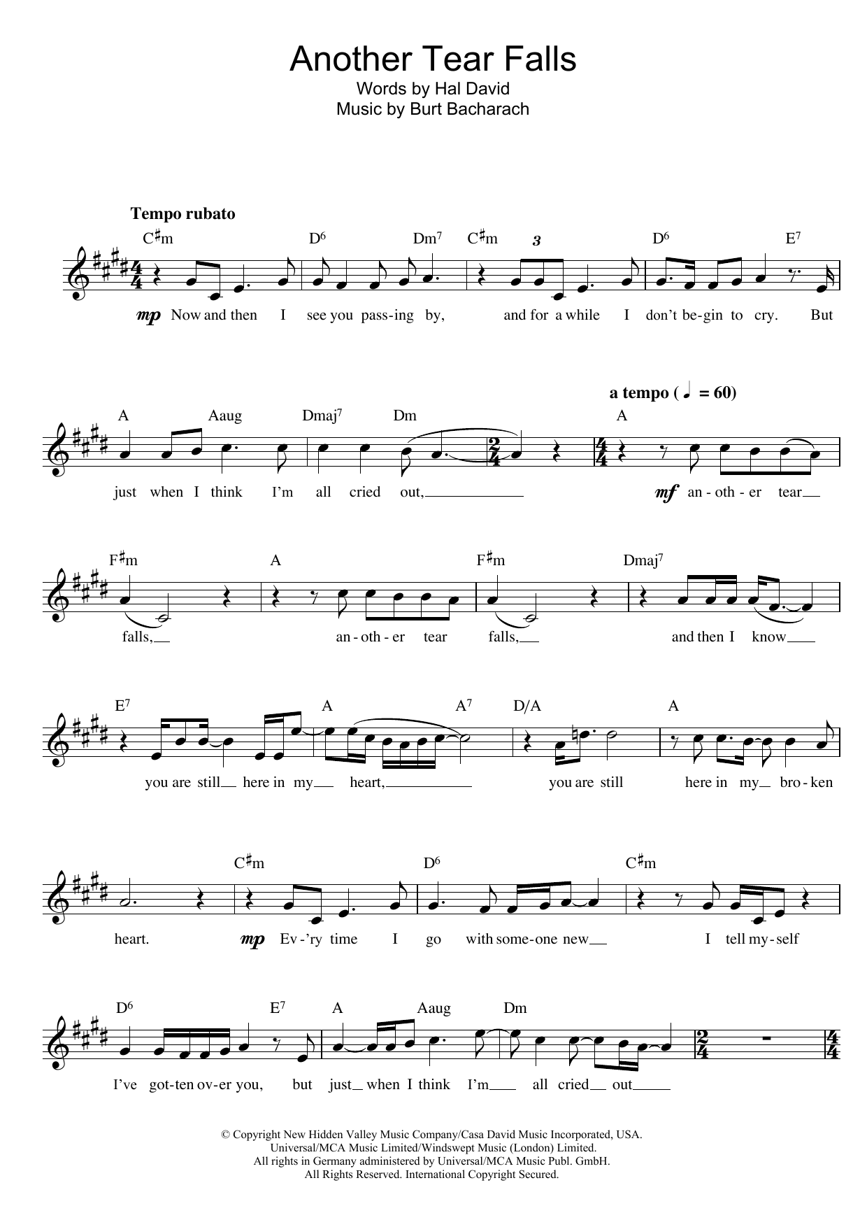 Download Bacharach & David Another Tear Falls sheet music and printable PDF score & Pop music notes