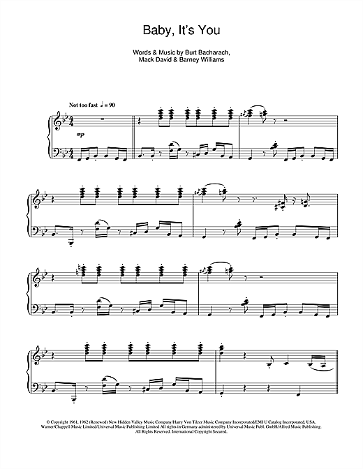 Preview Burt Bacharach Baby, It's You Easy Listening sheet music, notes and chords for Piano, SKU: 113614 sheet music, piano notes, chords, guitar tabs, score, transpose, transcribe, how to play, guide, download, learn, tutorial, progression, song, artist, awards, billboard, mtv, vh1, tour, single, album, release