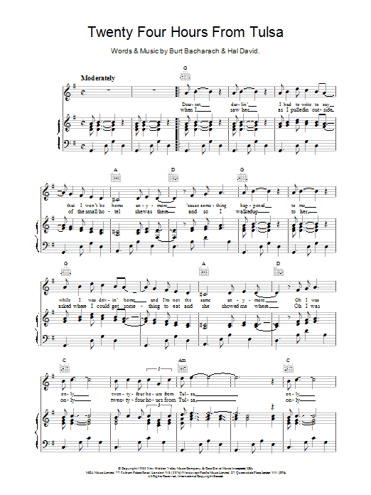 Preview Bacharach & David Twenty Four Hours From Tulsa Pop sheet music, notes and chords for Piano, Vocal & Guitar (Right-Hand Melody), SKU: 13873 Download Bacharach & David Twenty Four Hours From Tulsa sheet music and printable PDF score & Pop music notes