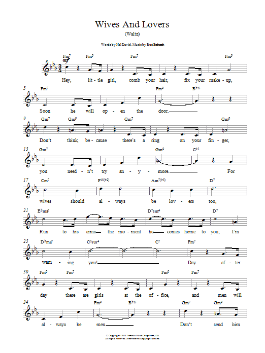 Download Bacharach & David Wives And Lovers (Hey, Little Girl) sheet music and printable PDF score & Pop music notes