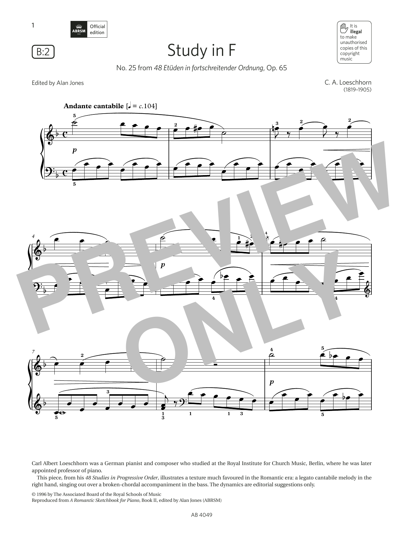 C A Loeschhorn Study in F (Grade 3, list B2, from the ABRSM Piano Syllabus 2023 & 2024) Sheet Music & Chords for Piano Solo - Download or Print PDF