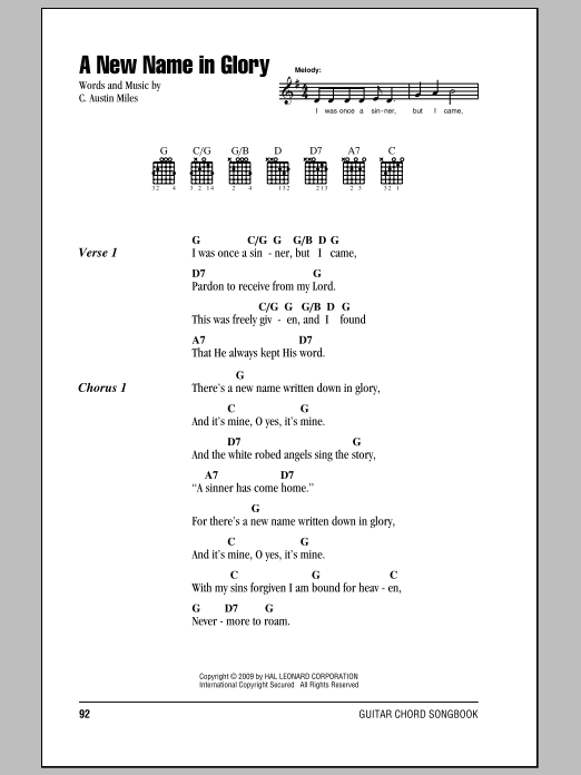 Preview C. Austin Miles A New Name In Glory Hymn sheet music, notes and chords for Lyrics & Chords, SKU: 82358 sheet music, piano notes, chords, guitar tabs, score, transpose, transcribe, how to play, guide, download, learn, tutorial, progression, song, artist, awards, billboard, mtv, vh1, tour, single, album, release