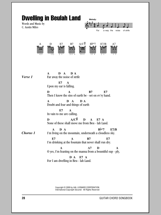 Preview C. Austin Miles Dwelling In Beulah Land Hymn sheet music, notes and chords for Lyrics & Chords, SKU: 82347 sheet music, piano notes, chords, guitar tabs, score, transpose, transcribe, how to play, guide, download, learn, tutorial, progression, song, artist, awards, billboard, mtv, vh1, tour, single, album, release