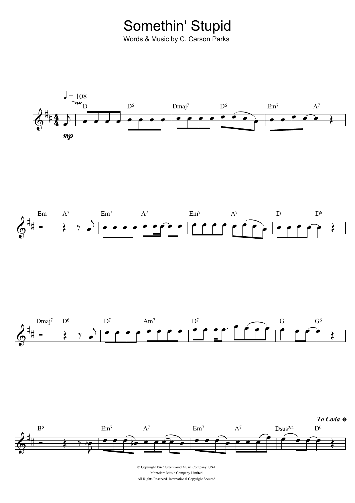 Download Frank Sinatra Somethin' Stupid sheet music and printable PDF score & Pop music notes
