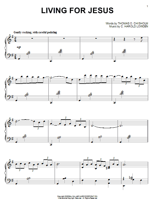 Preview C. Harold Lowden Living For Jesus Hymn sheet music, notes and chords for Piano, SKU: 72685 Download C. Harold Lowden Living For Jesus sheet music and printable PDF score & Hymn music notes