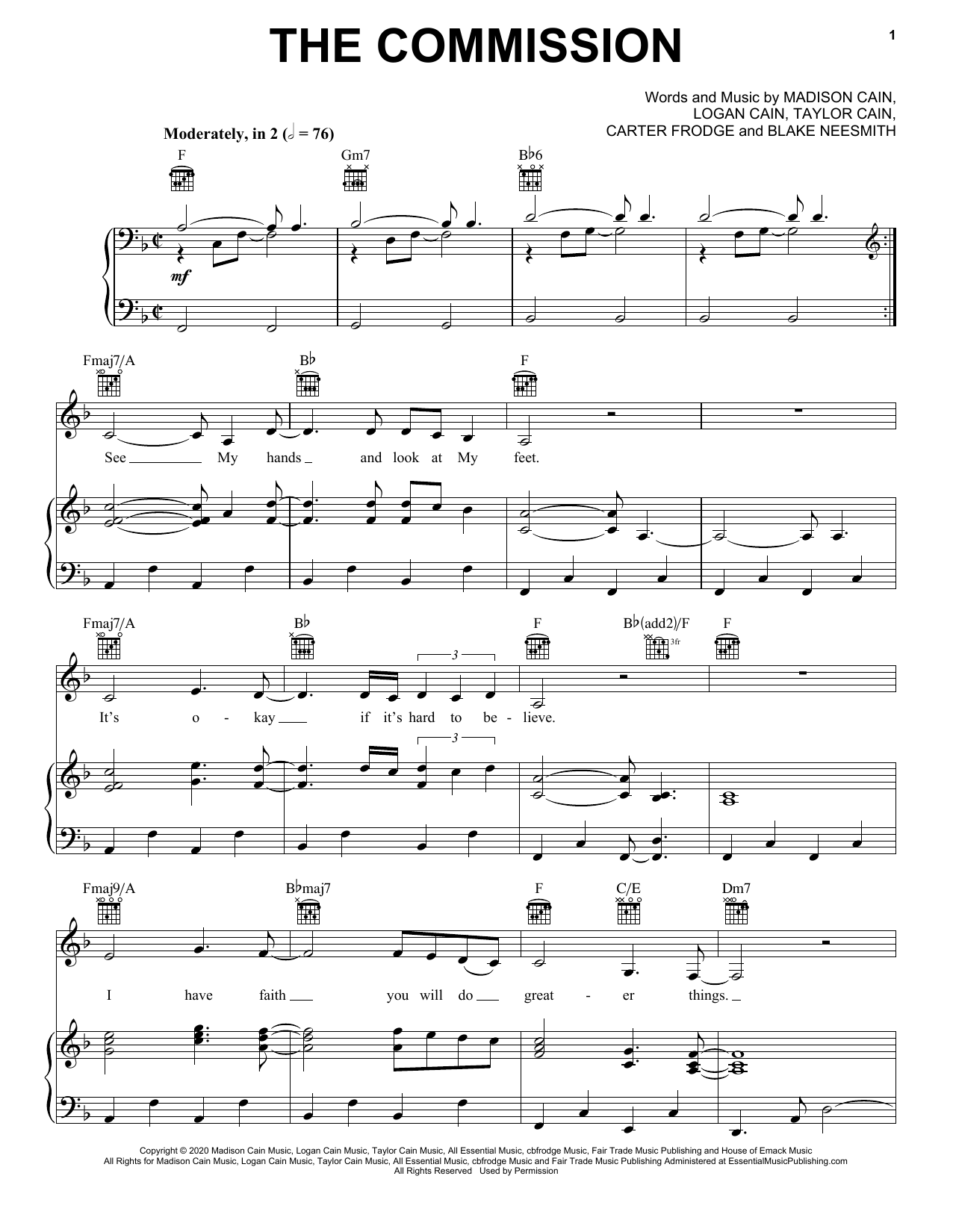 CAIN The Commission Sheet Music for Christian Piano, Vocal & Guitar Chords (Right-Hand Melody) including 6 page(s)