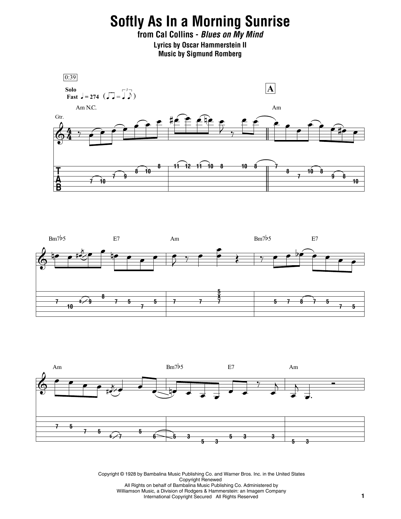 Cal Collins Softly As In A Morning Sunrise Sheet Music Download Printable Jazz Pdf Electric Guitar Transcription Score Sku