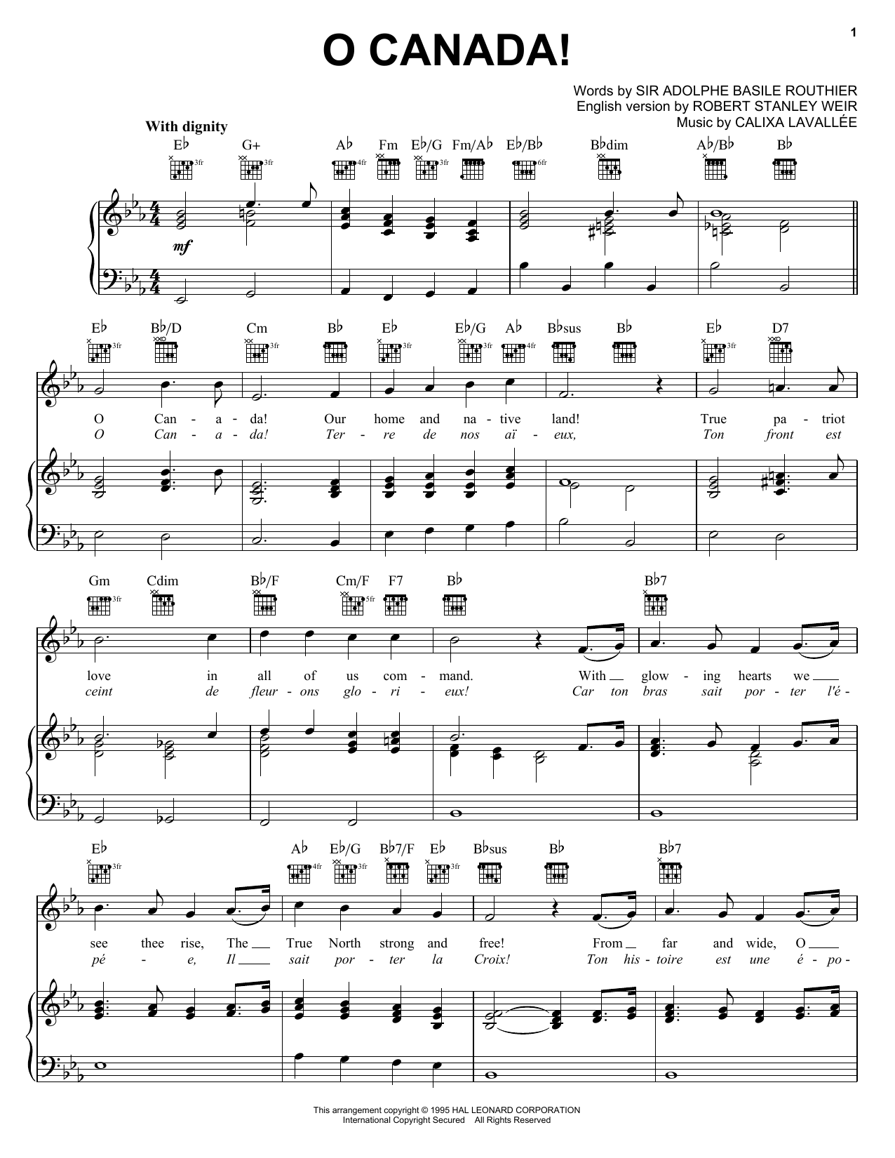 Calixa Lavallee O Canada Sheet Music Download Printable World Pdf Piano Vocal Guitar Right Hand Melody Score Sku 16571