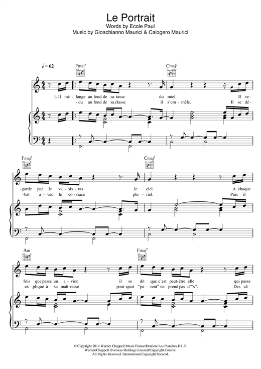 Preview Calogero Le Portrait Ballad sheet music, notes and chords for Piano, Vocal & Guitar (Right-Hand Melody), SKU: 120991 sheet music, piano notes, chords, guitar tabs, score, transpose, transcribe, how to play, guide, download, learn, tutorial, progression, song, artist, awards, billboard, mtv, vh1, tour, single, album, release
