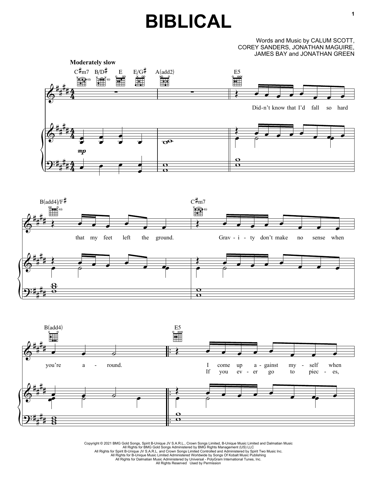 Preview Calum Scott Biblical Pop sheet music, notes and chords for Piano, Vocal & Guitar (Right-Hand Melody), SKU: 489497 Download Calum Scott Biblical sheet music and printable PDF score & Pop music notes
